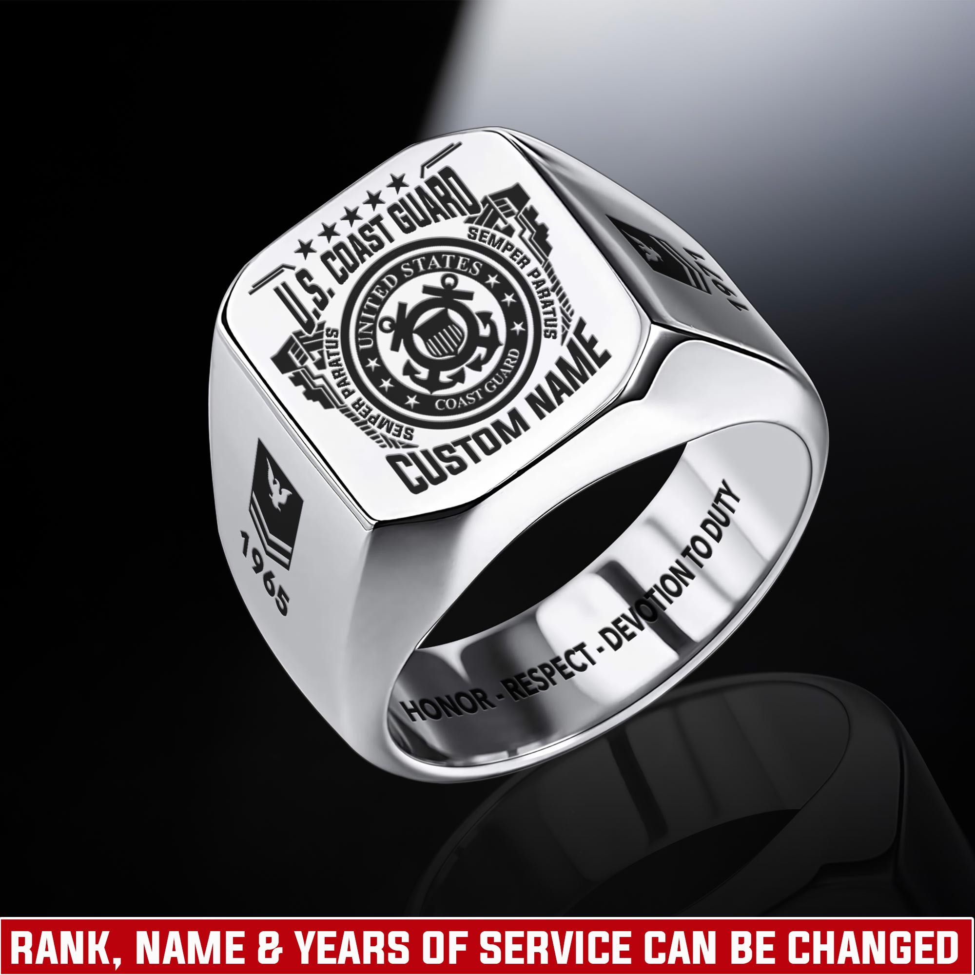 US Coast Guard, E 4 Red - Engraved Men's Ring