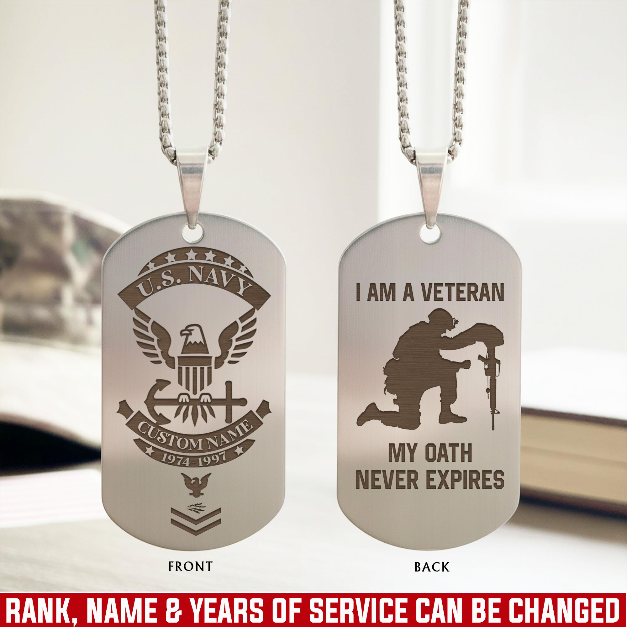 US Navy, E 3 Red - Silver Engraved Dog Tag
