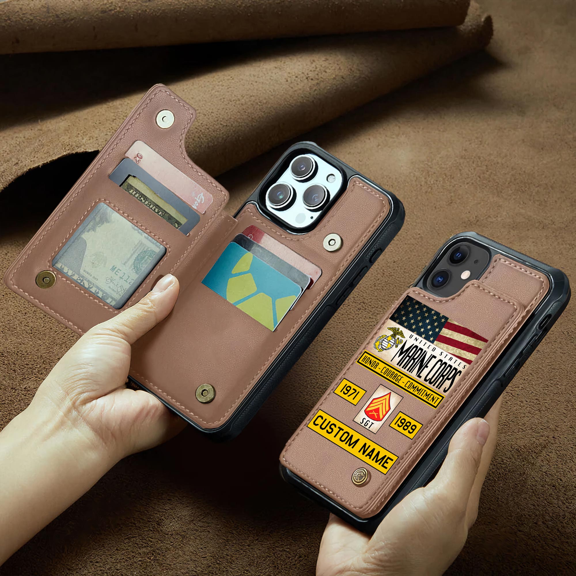 US Marine Corps, Land Of The Free, Because Of The Brave - Leather Flip Phone Case - Image 2