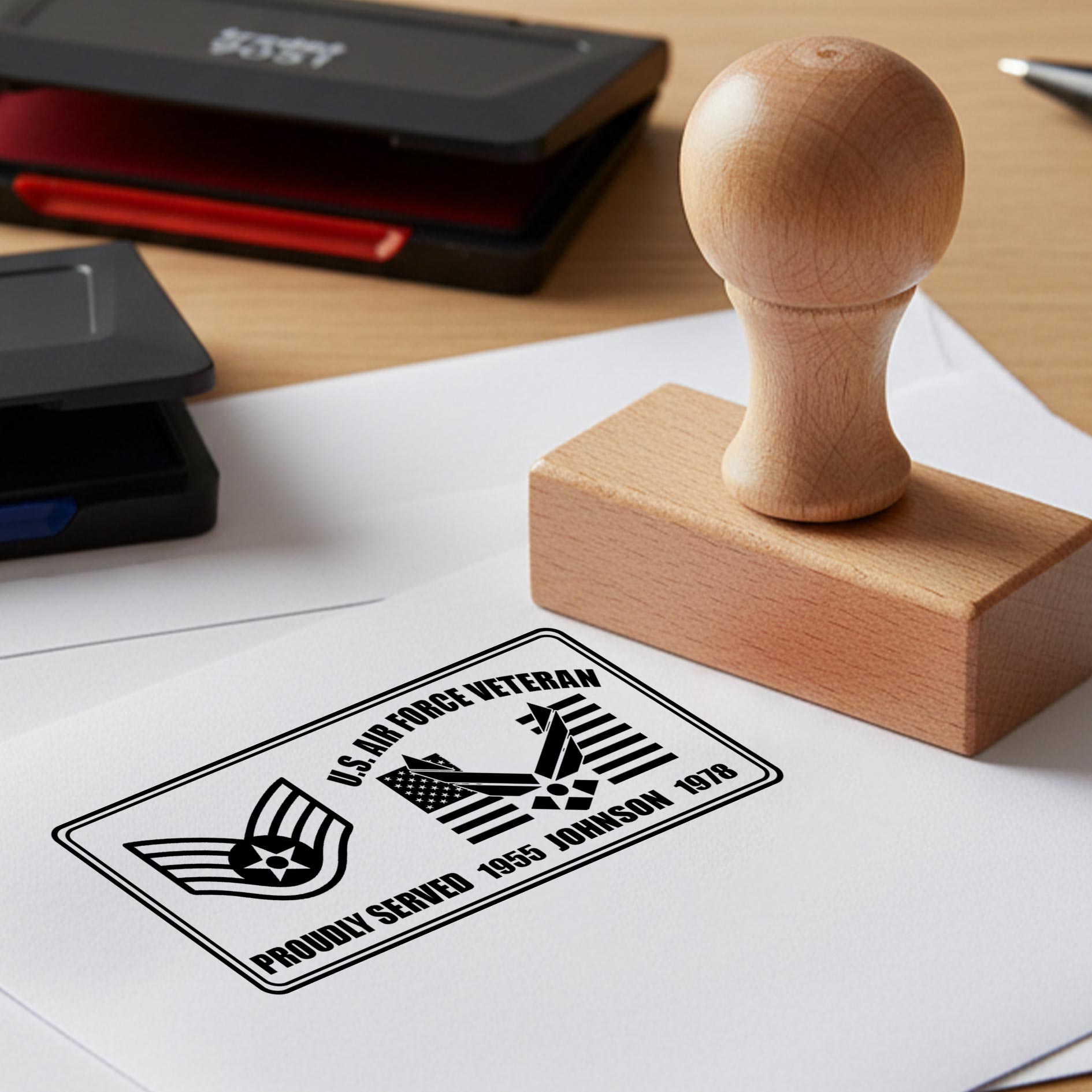 US Air Force, E 4 Air Force Sergeant - Personalized Military Rectangular Wooden Stamp - Image 2