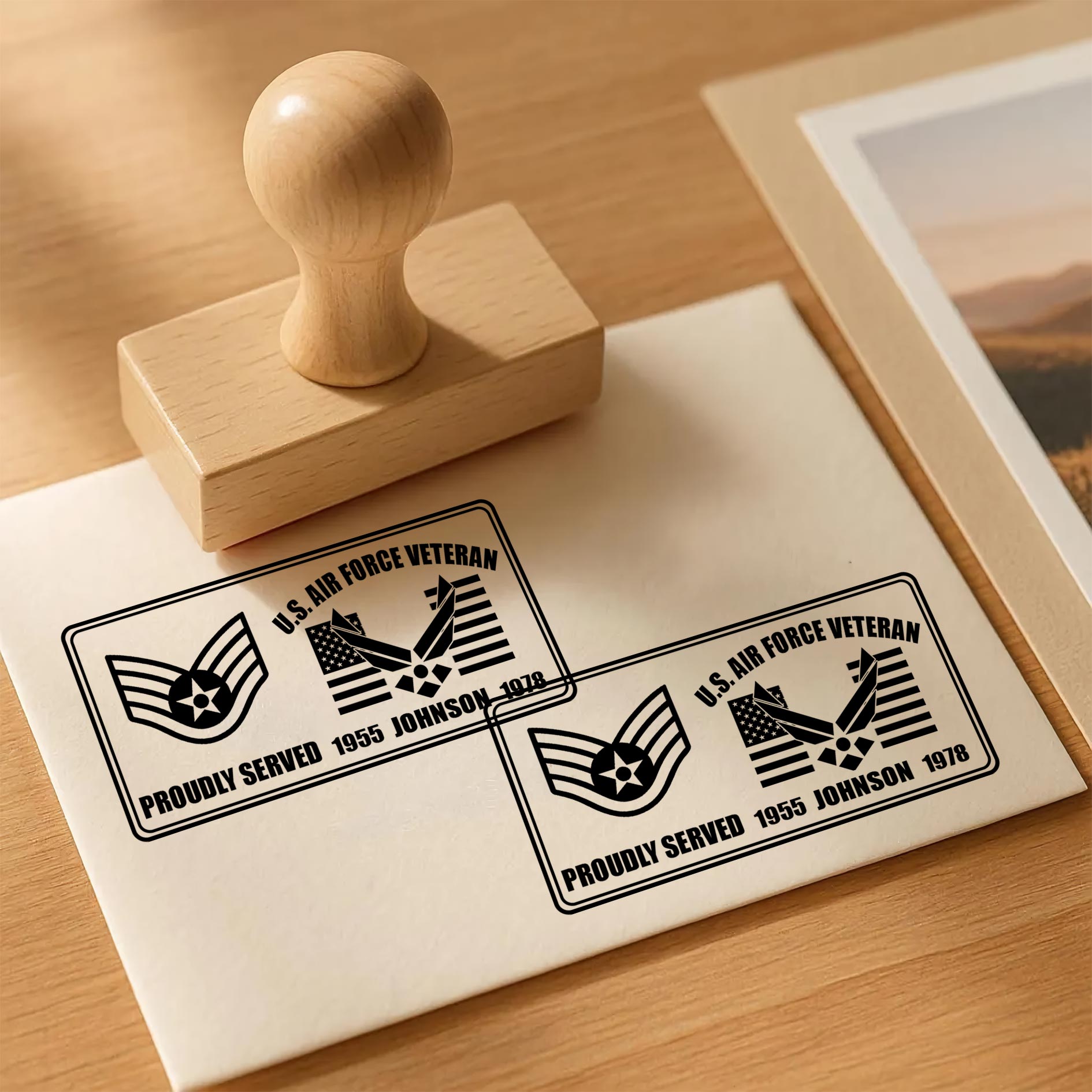 US Air Force, E 4 Air Force Sergeant - Personalized Military Rectangular Wooden Stamp - Image 3