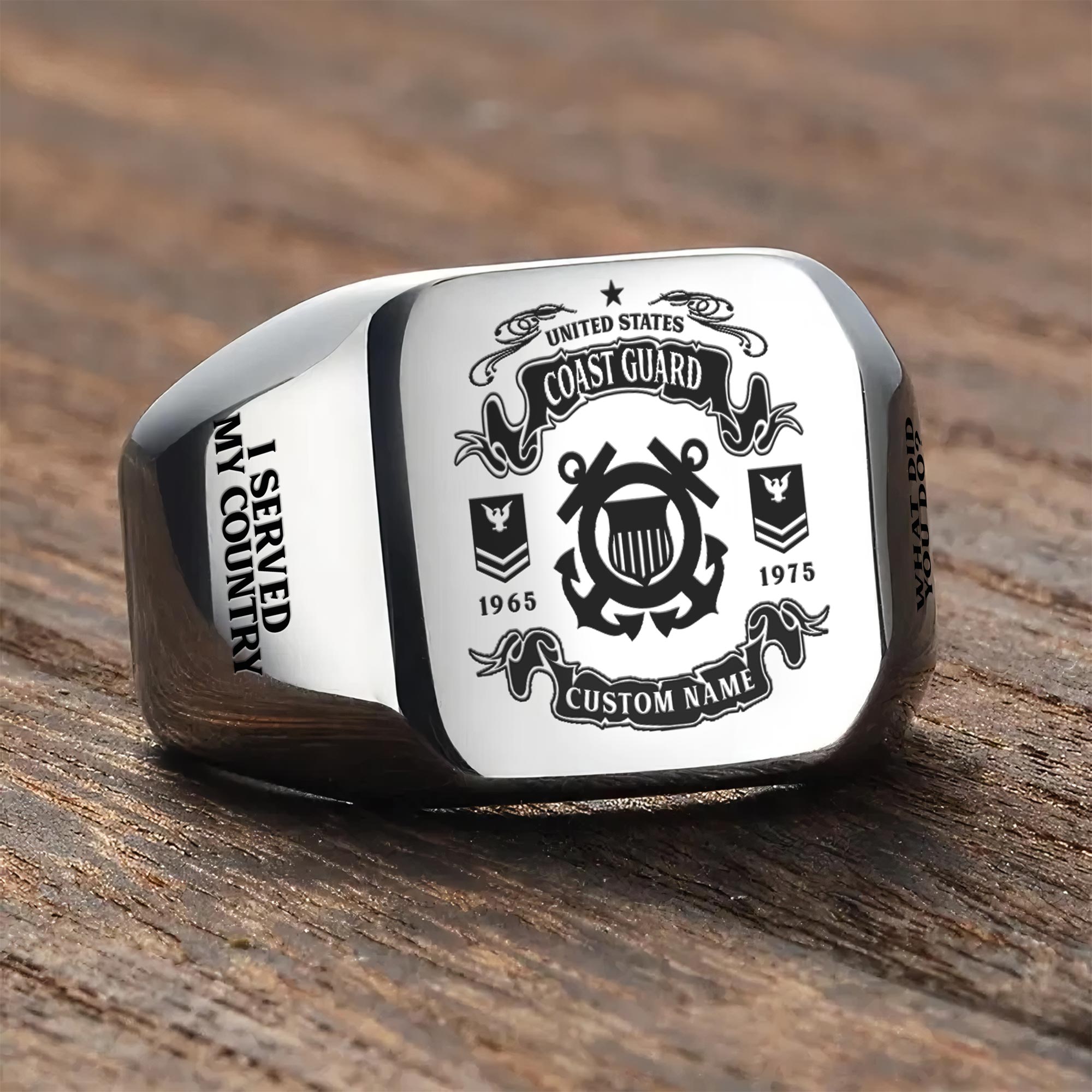US Coast Guard, E 3 Blue - Engraved Men's Ring - Image 3