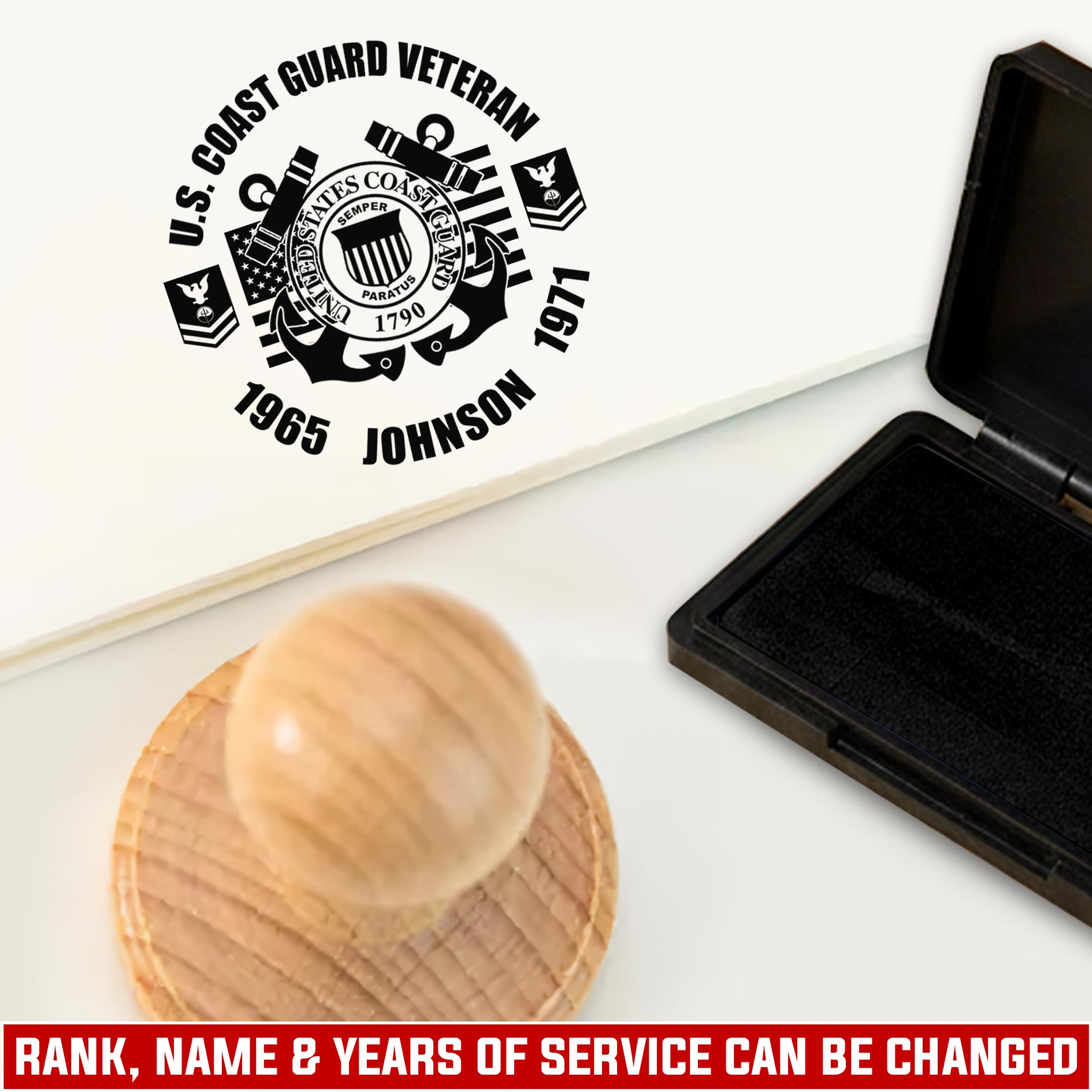 US Coast Guard, E 5 Red - Personalized Military Round Wooden Stamp