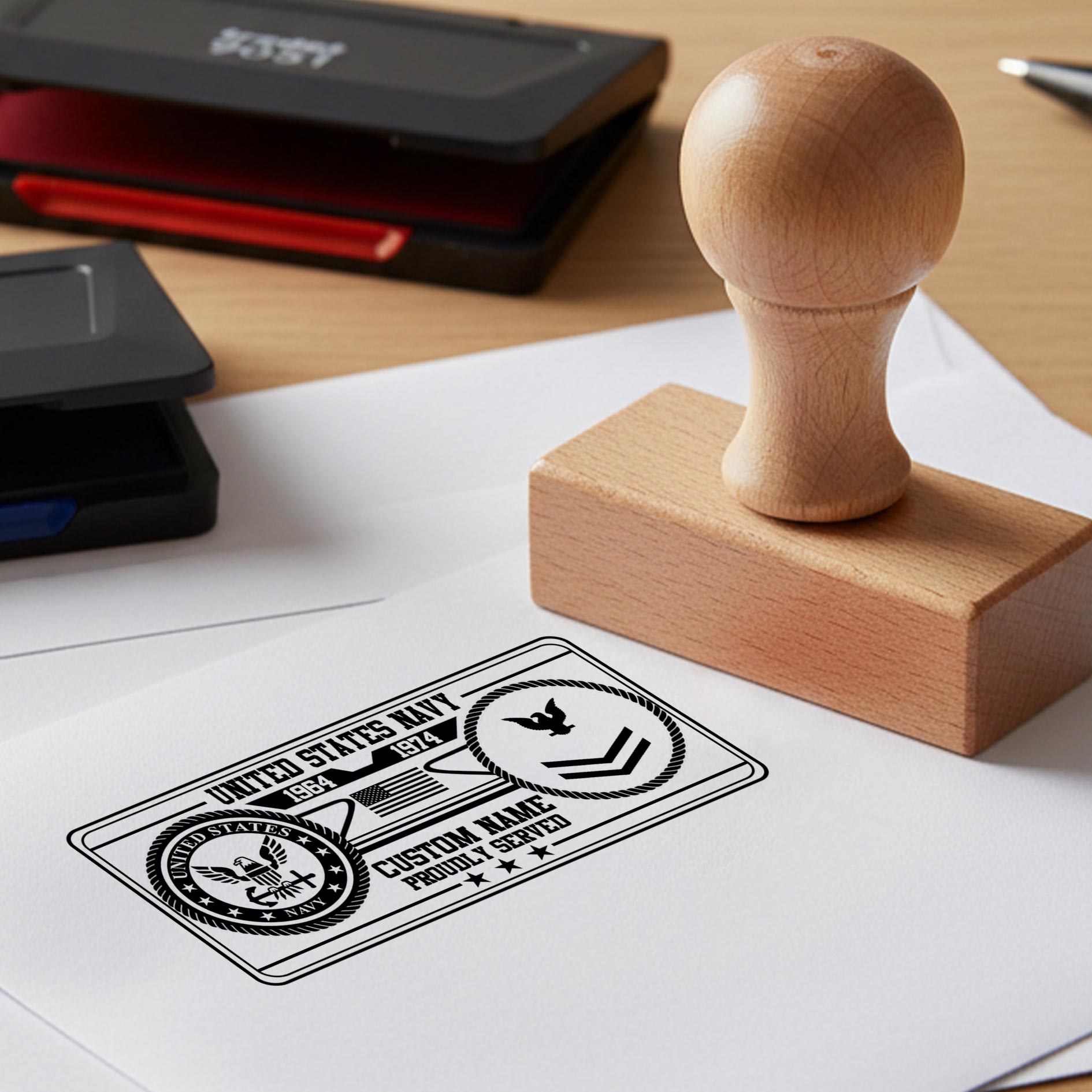 US Navy, E 3 Red - Personalized Military Rectangular Wooden Stamp - Image 2