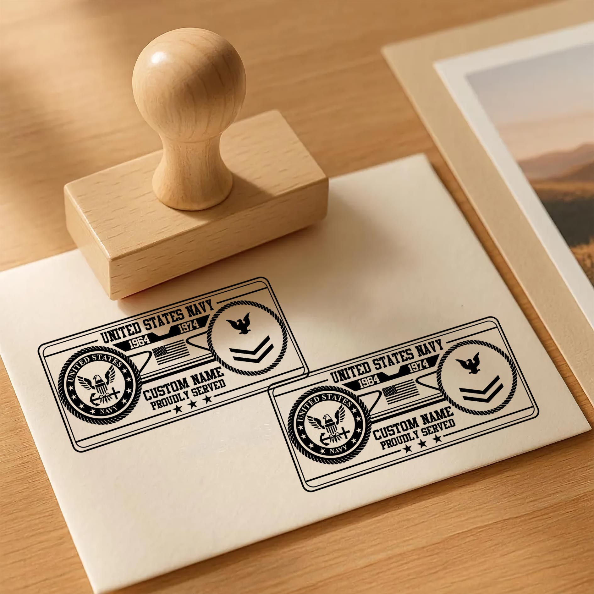 US Navy, E 3 Red - Personalized Military Rectangular Wooden Stamp - Image 3