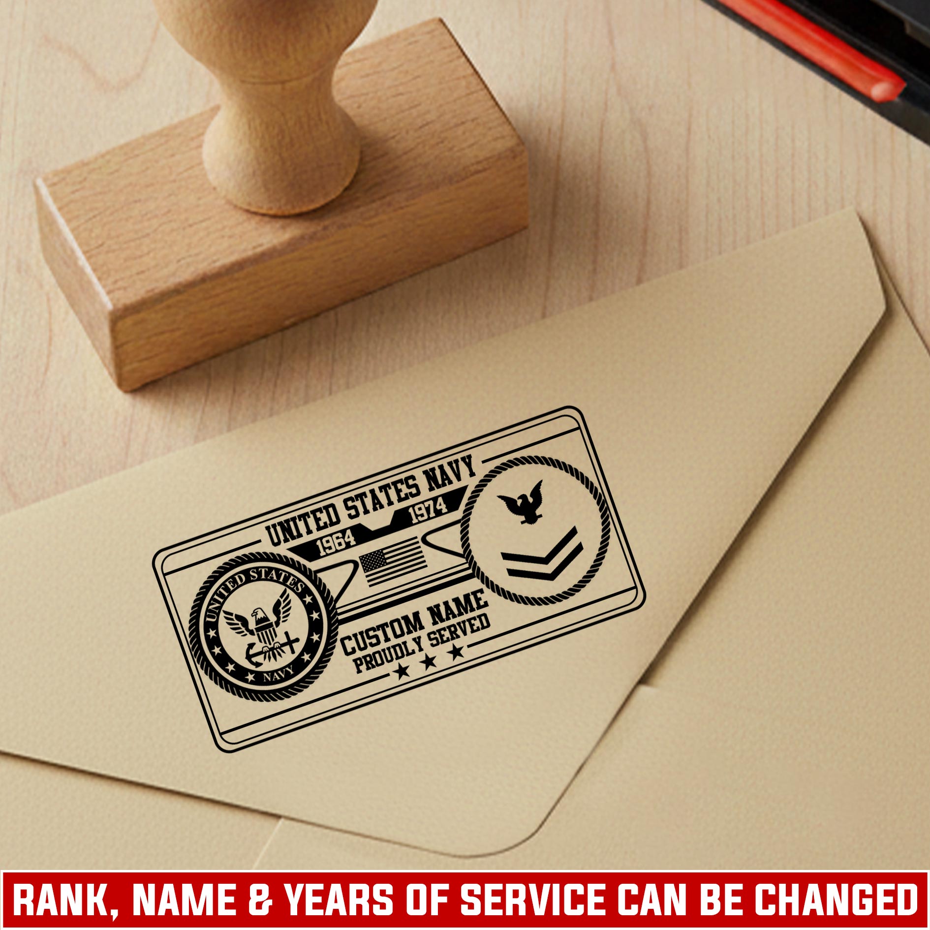 US Navy, E 3 Red - Personalized Military Rectangular Wooden Stamp