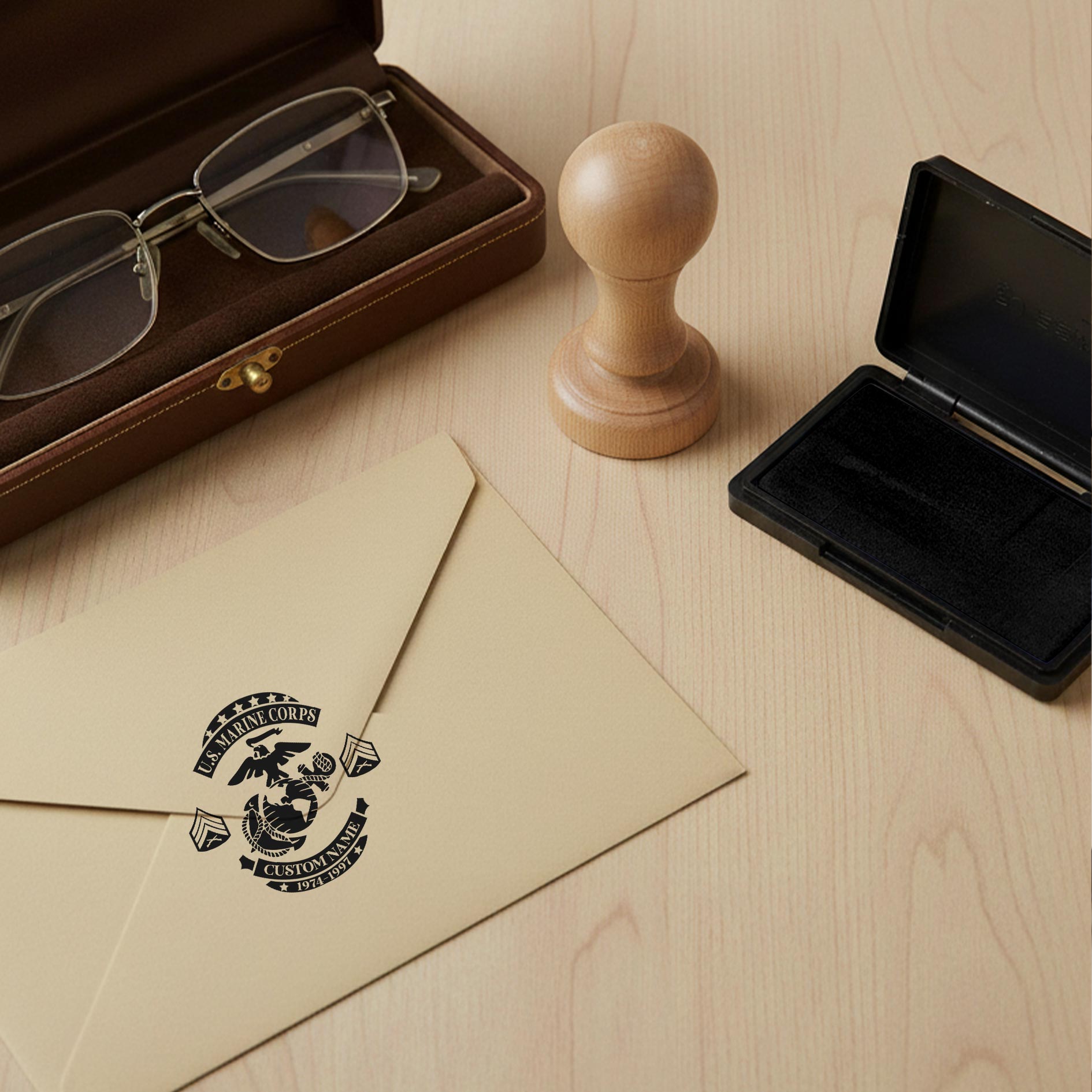 US Marine Corps, Land Of The Free, Because Of The Brave - Personalized Military Round Wooden Stamp - Image 2