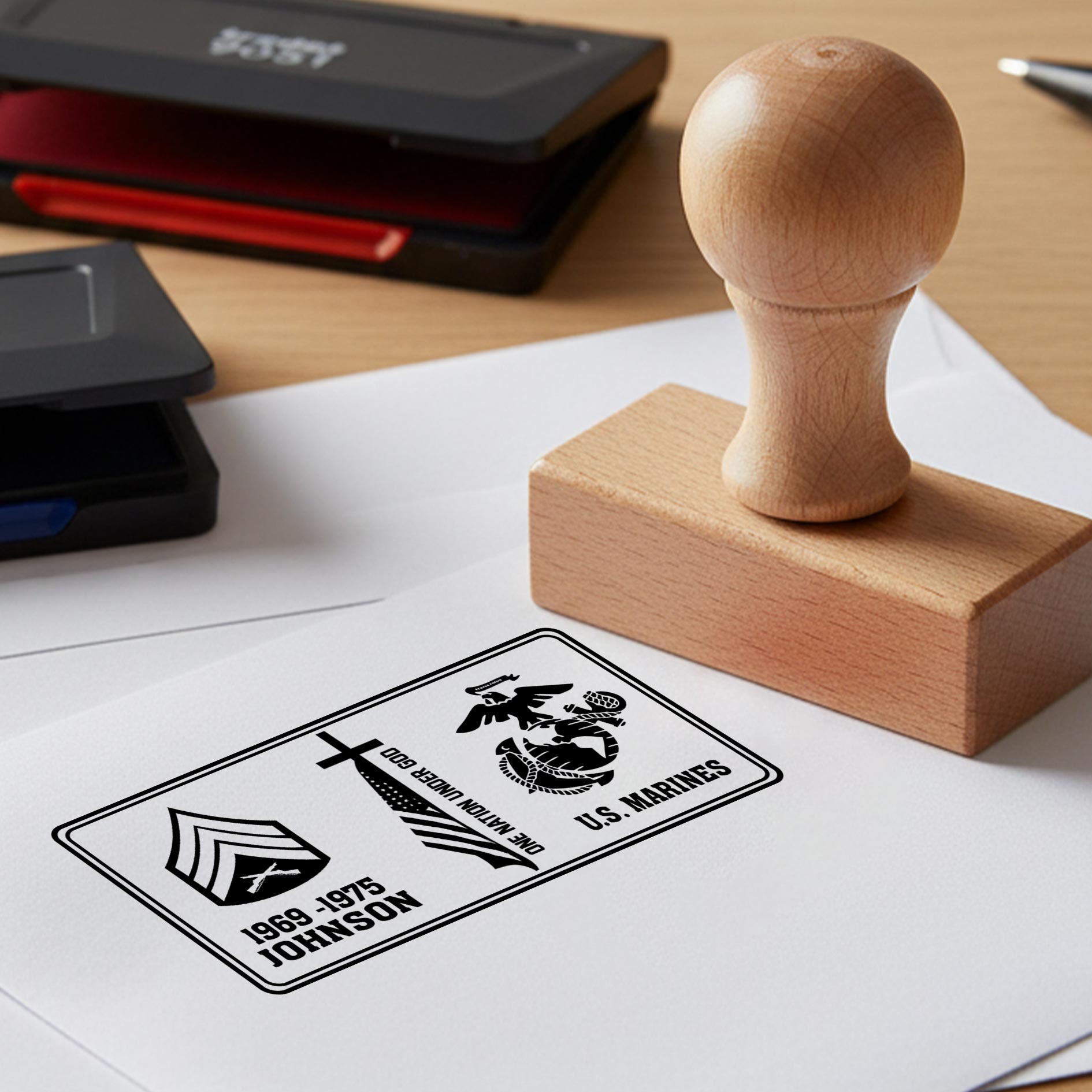 US Marine Corps, Honor, Duty, Service - Personalized Military Rectangular Wooden Stamp - Image 2
