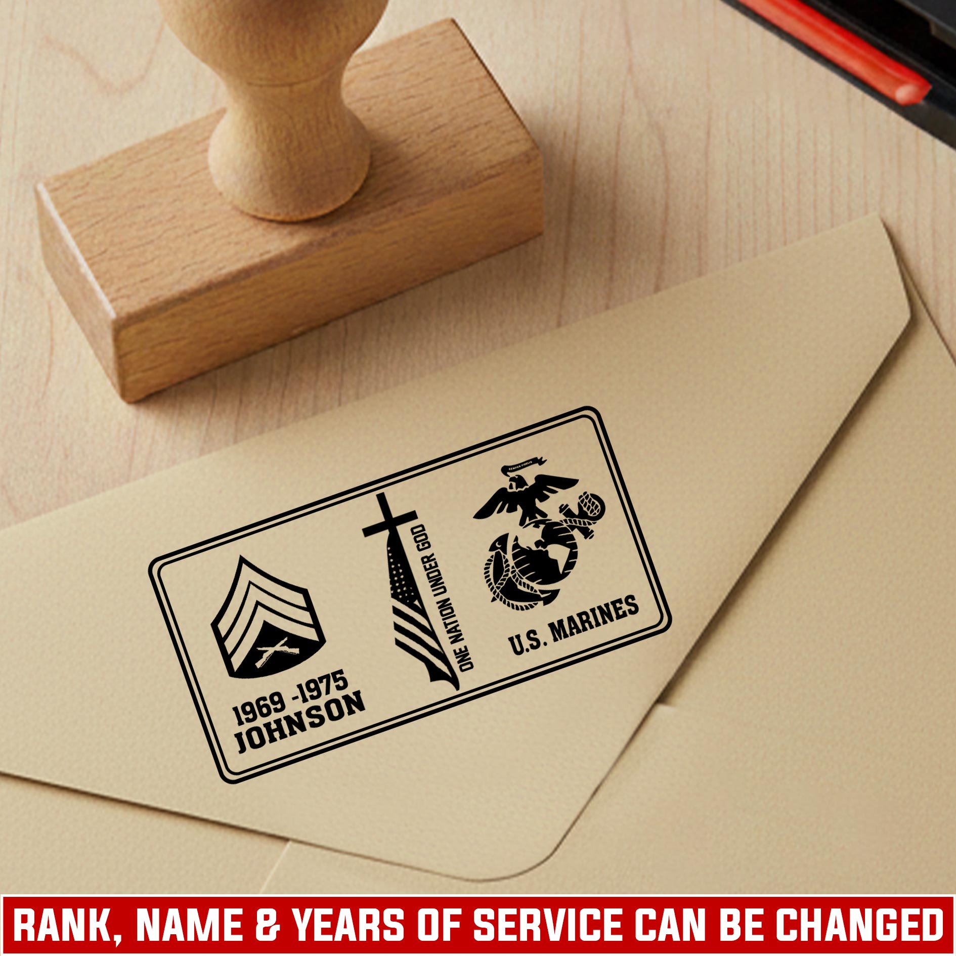 US Marine Corps, Honor, Duty, Service - Personalized Military Rectangular Wooden Stamp