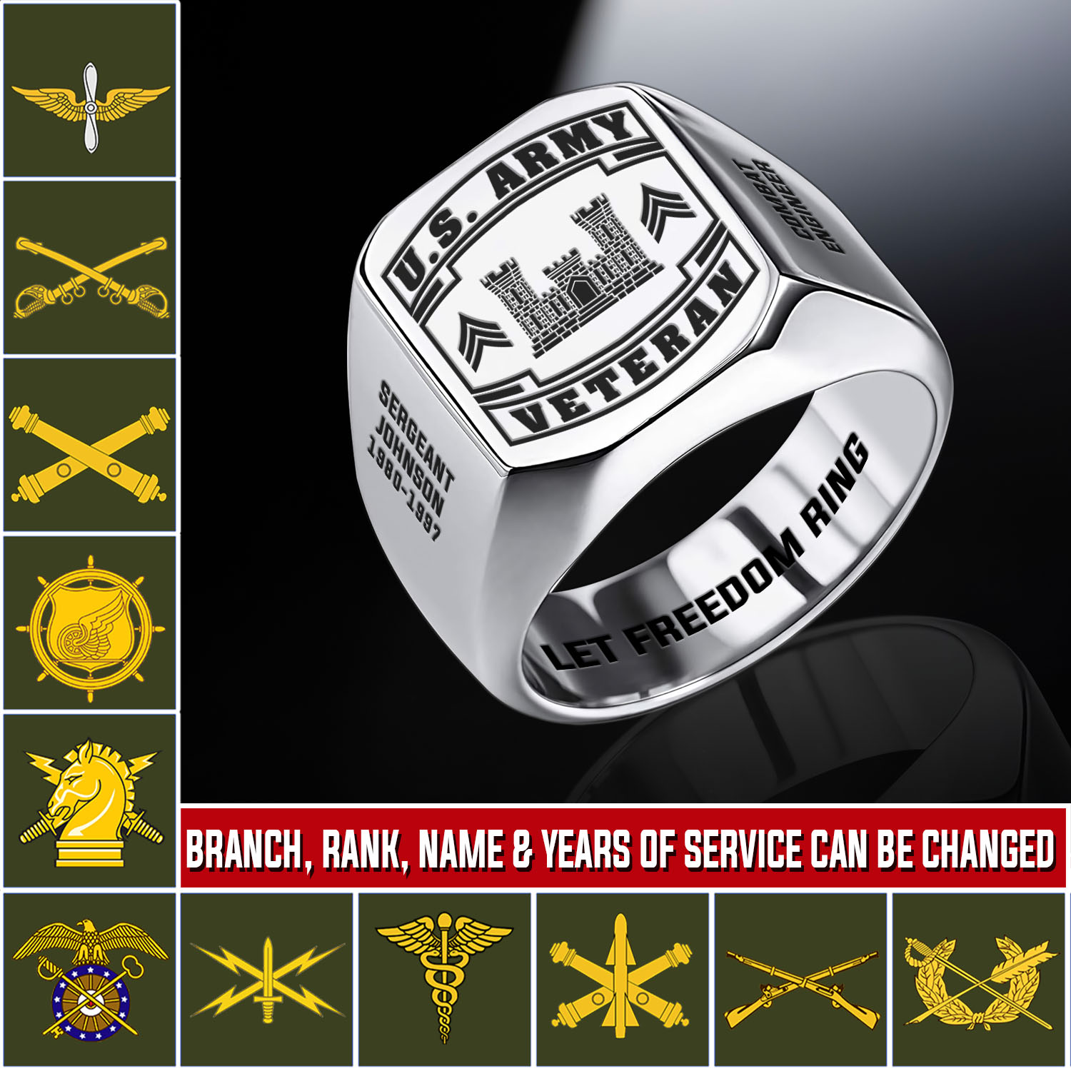 Army Branch, Remember - Honor - Respect - Engraved Men's Ring