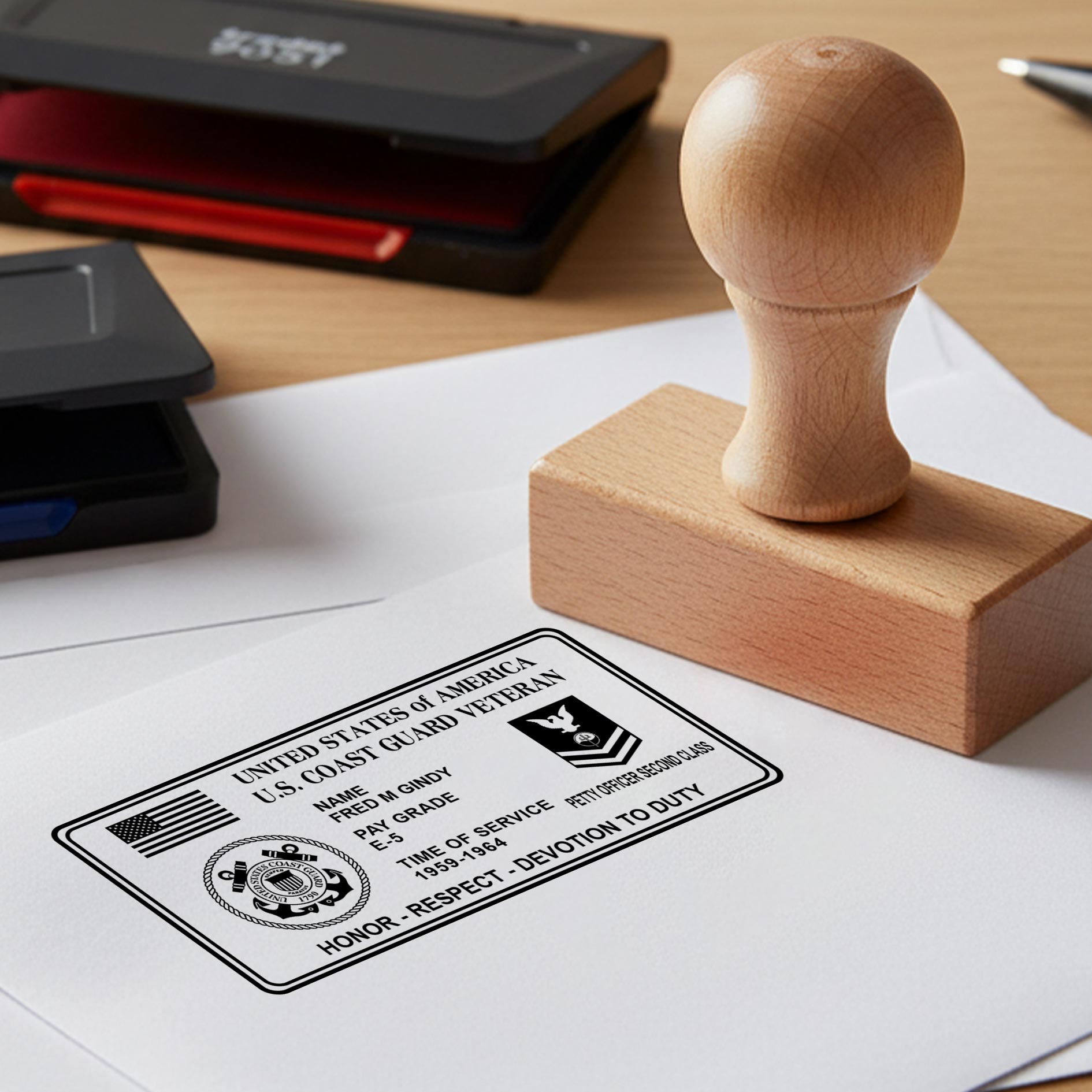 US Coast Guard, E 8 Gold - Personalized Military Rectangular Wooden Stamp - Image 2