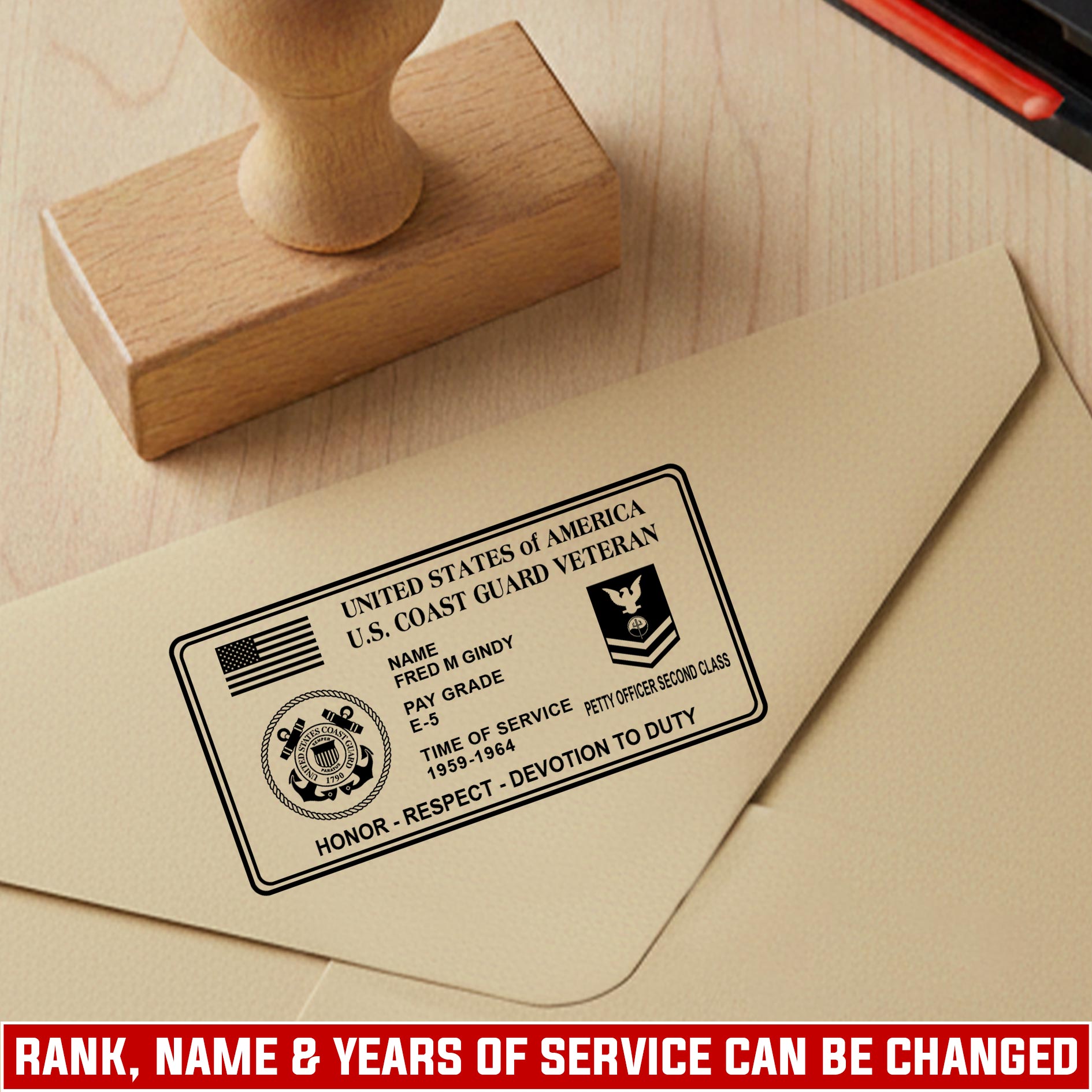 US Coast Guard, E 8 Gold - Personalized Military Rectangular Wooden Stamp