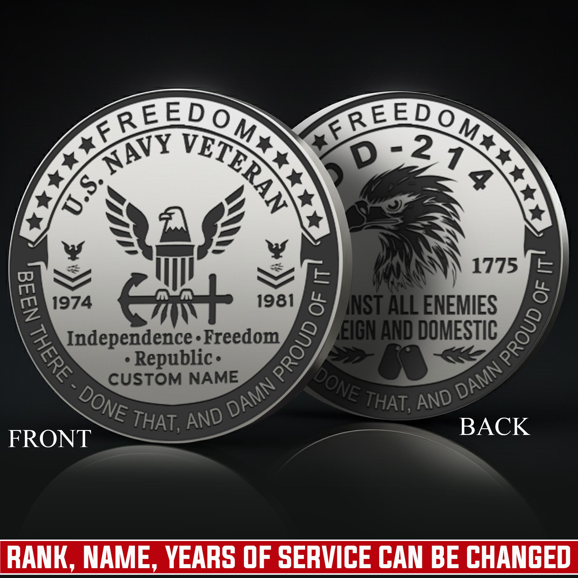 US Navy, Honoring All Who Served - Military Engraved Challenge Coin