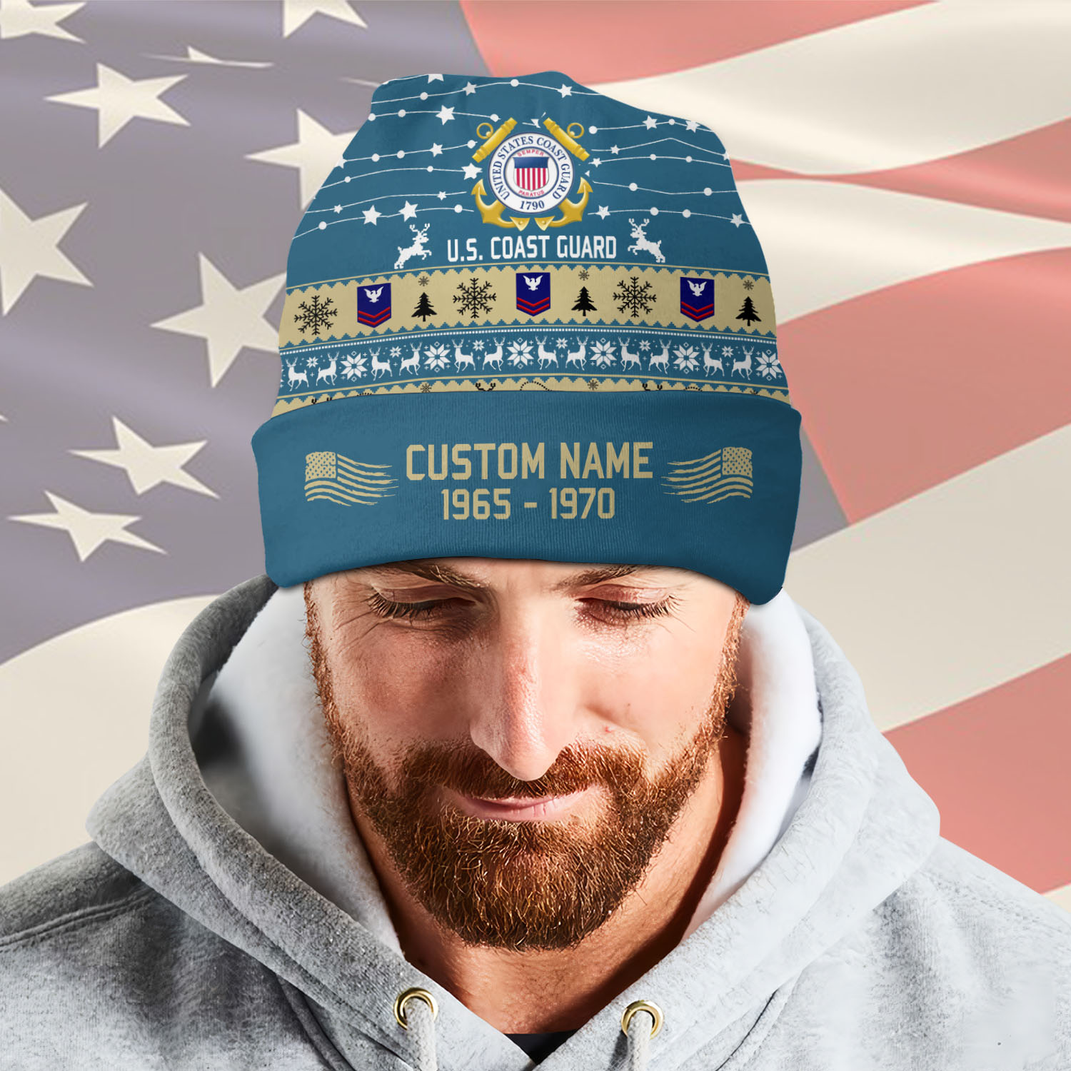 US Coast Guard, Land Of The Free, Because Of The Brave - Full-Printed Beanie Hat - Image 2