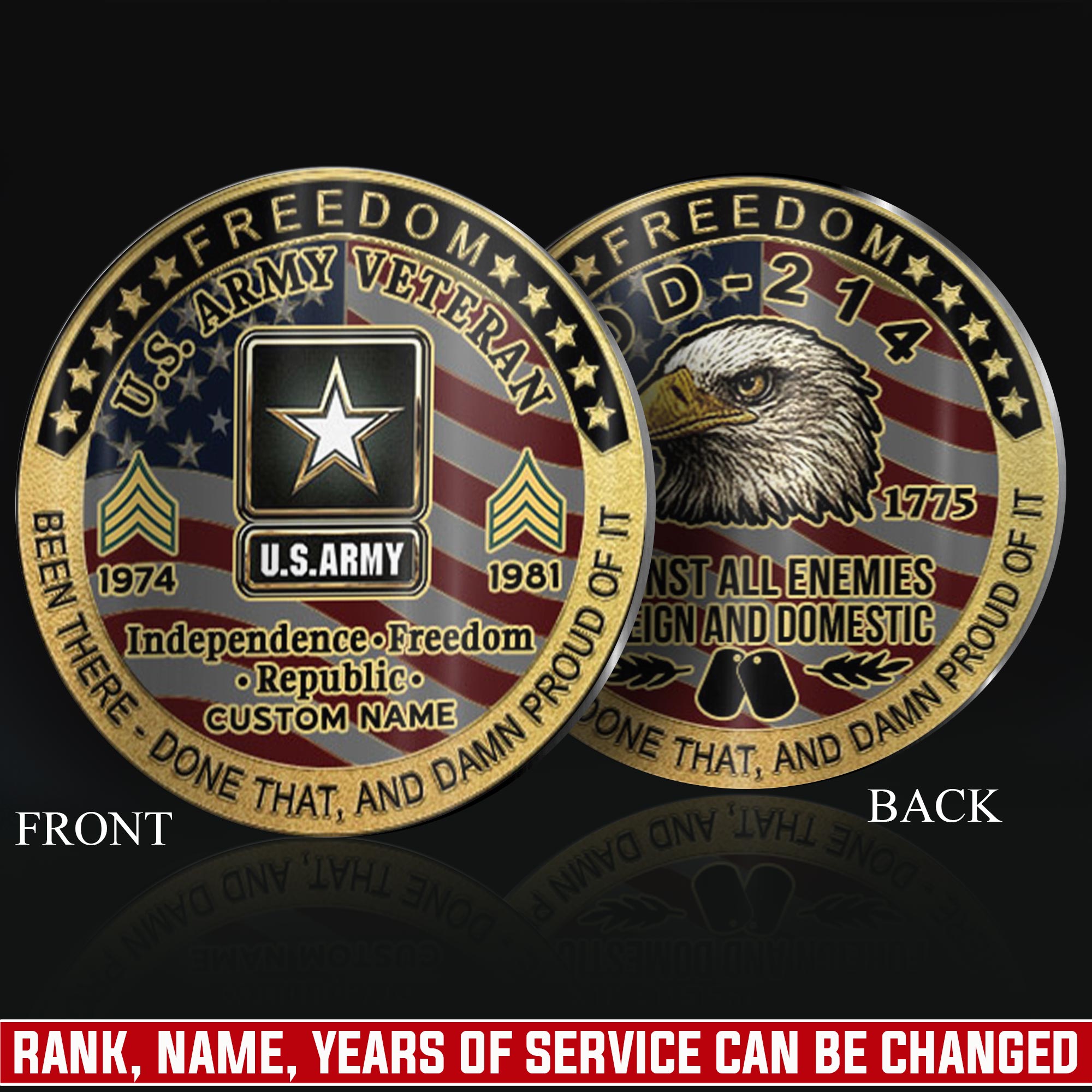 US Army, E 4 Army Corporal - Military Printed Challenge Coin