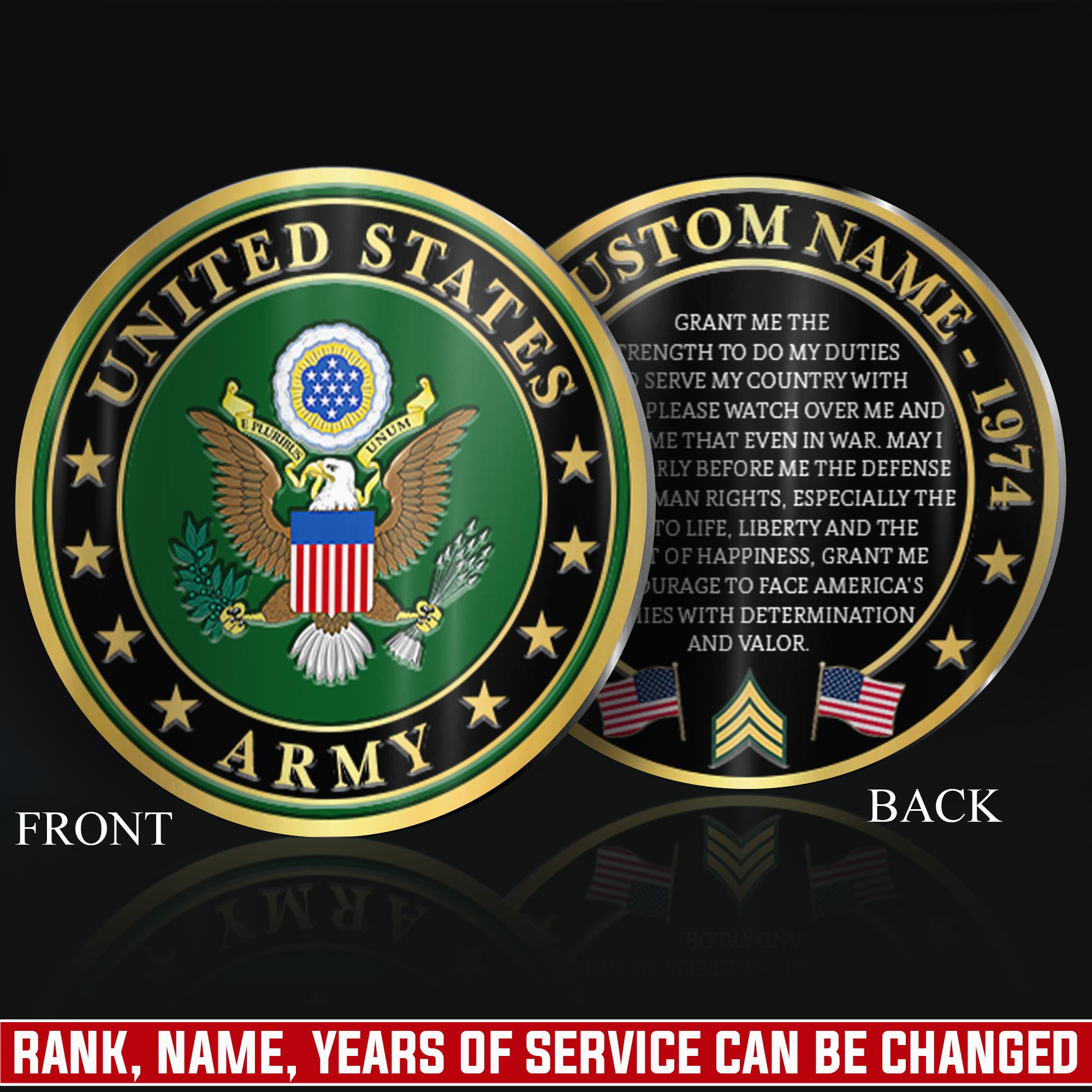 US Army, Honor, Duty, Service - Military Printed Challenge Coin