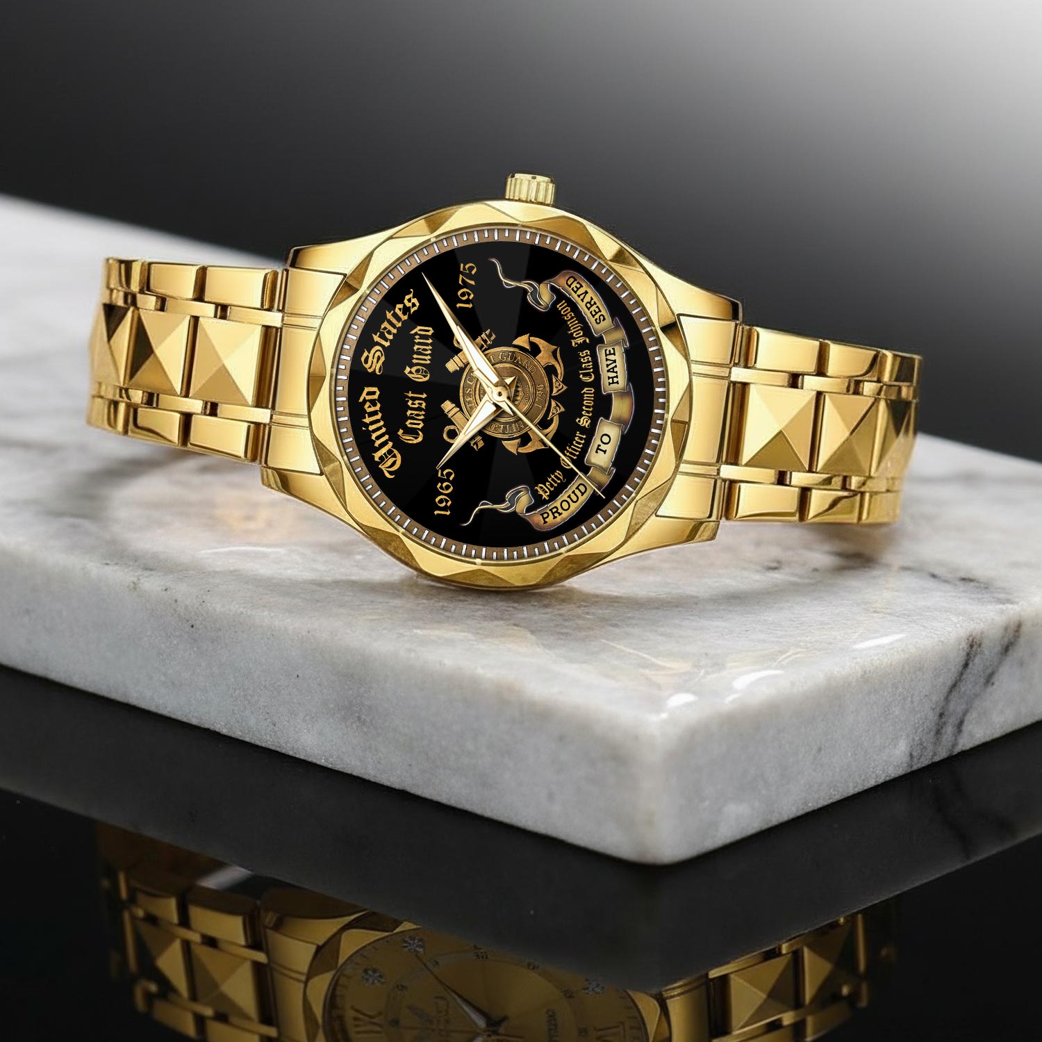 US Coast Guard, E 9 Gold - Diamond-Cut Bezel Watch - Image 2