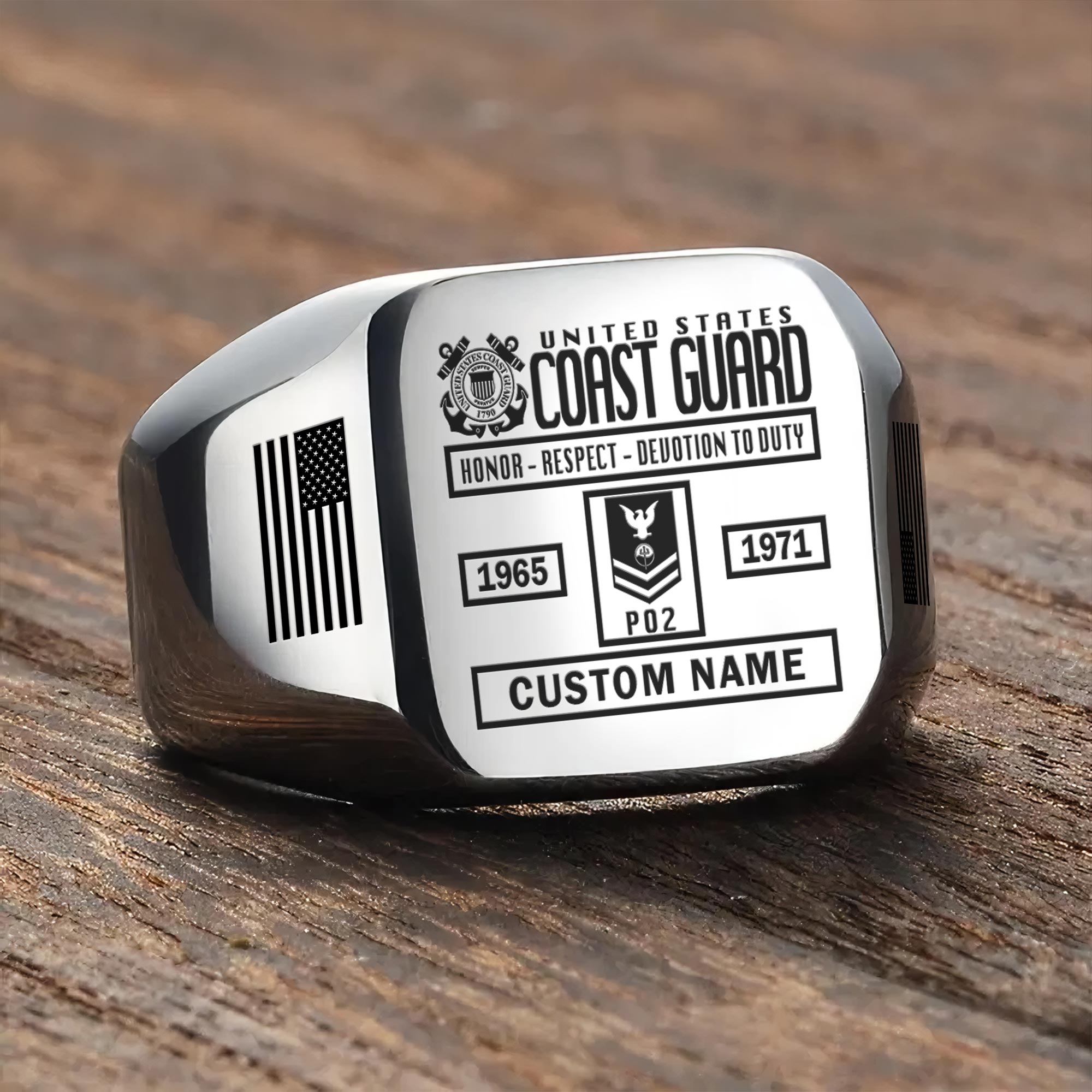 US Coast Guard, E 5 Red - Engraved Men's Ring - Image 3