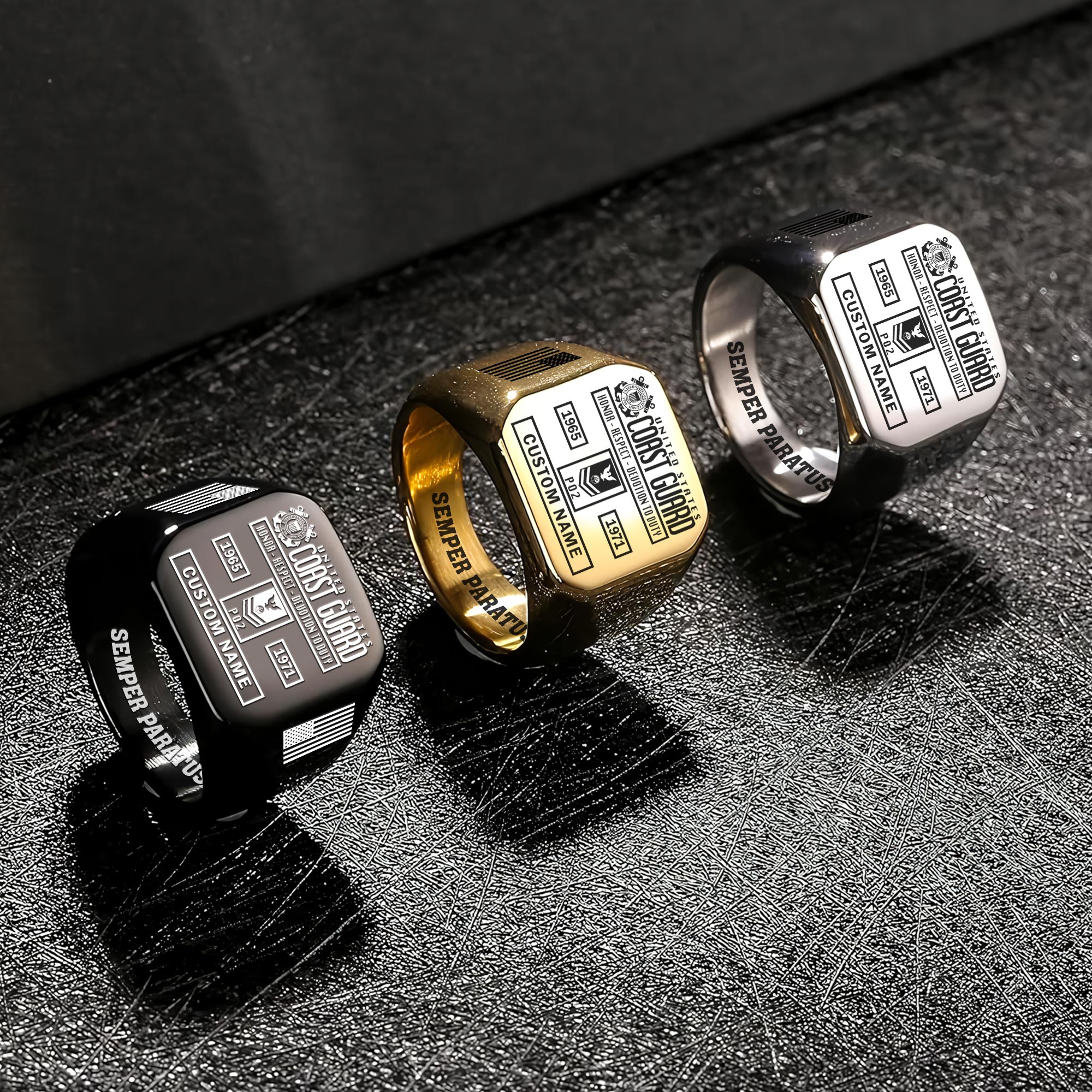 US Coast Guard, E 5 Red - Engraved Men's Ring - Image 7