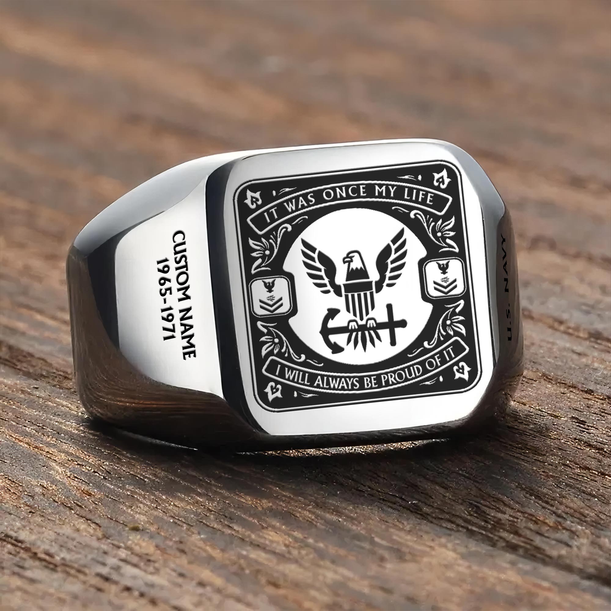 US Navy, Anchors Aweigh - Engraved Men's Ring - Image 3