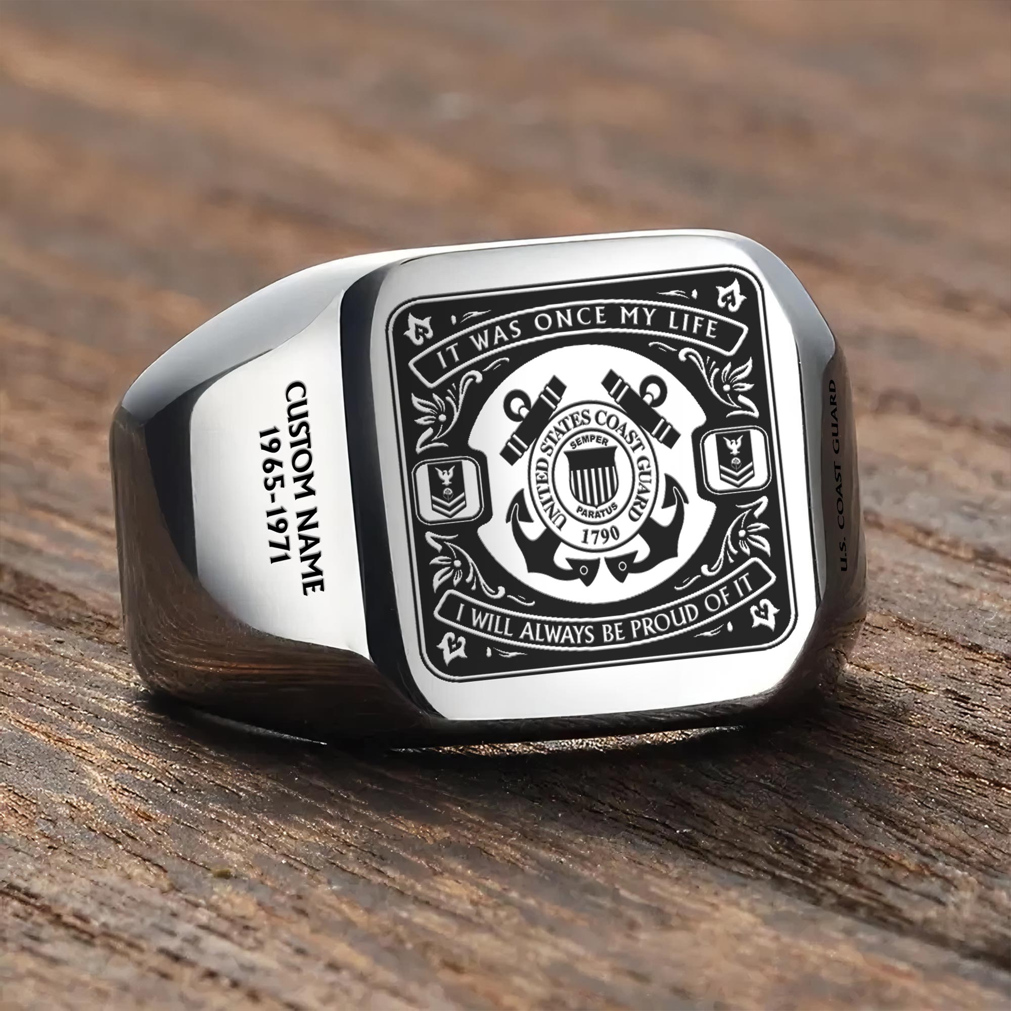 US Coast Guard, E 2 Blue - Engraved Men's Ring - Image 3