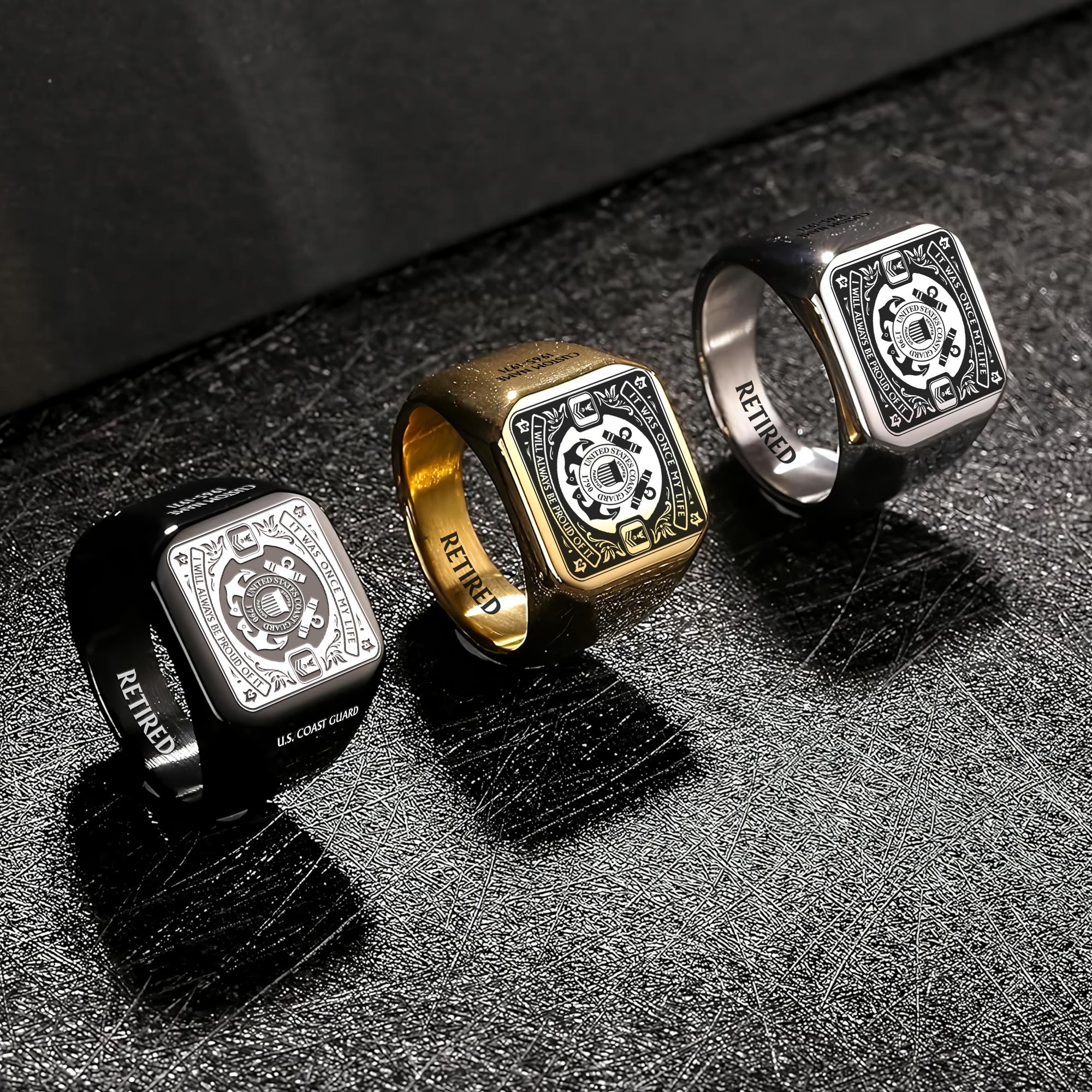 US Coast Guard, E 2 Blue - Engraved Men's Ring - Image 7