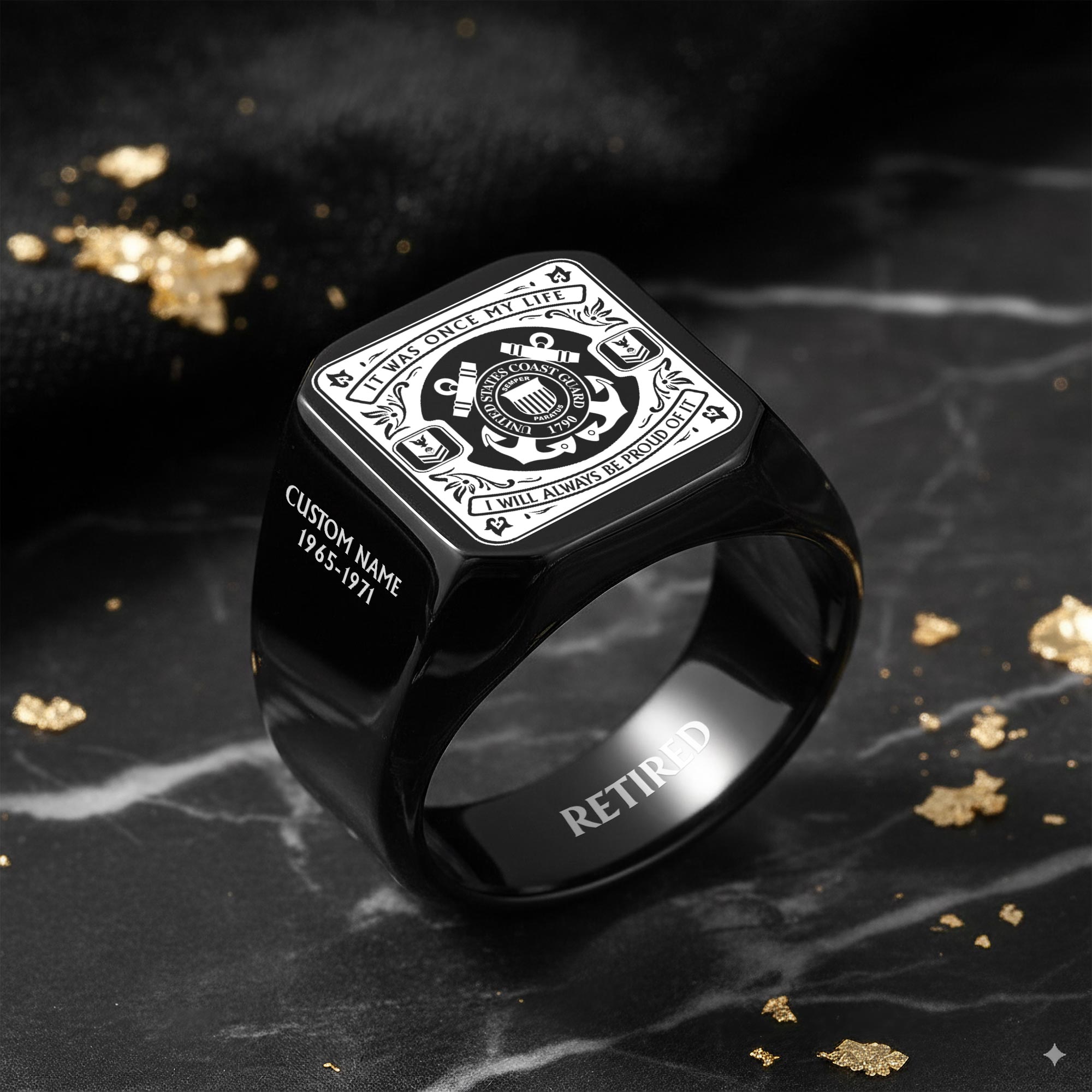 US Coast Guard, E 2 Blue - Engraved Men's Ring - Image 8