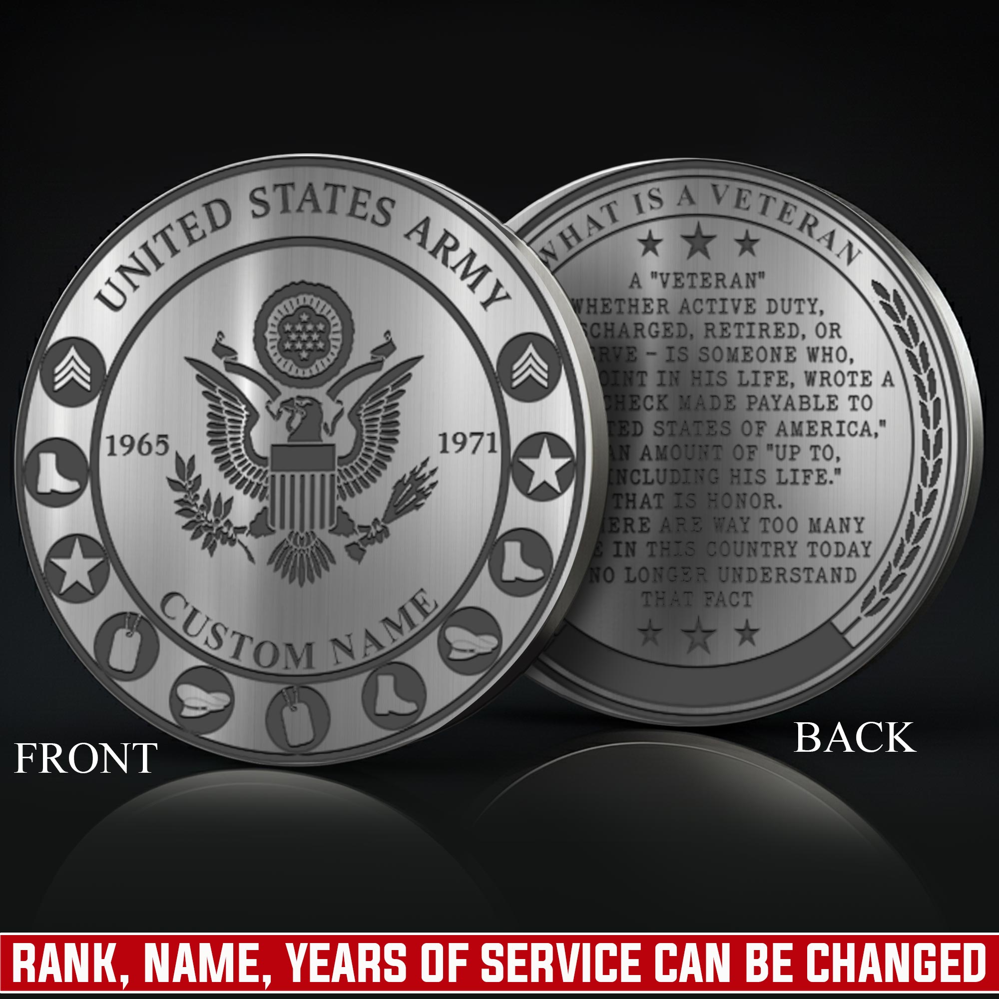 US Army, E 3 Army Private First Class - Military Engraved Challenge Coin