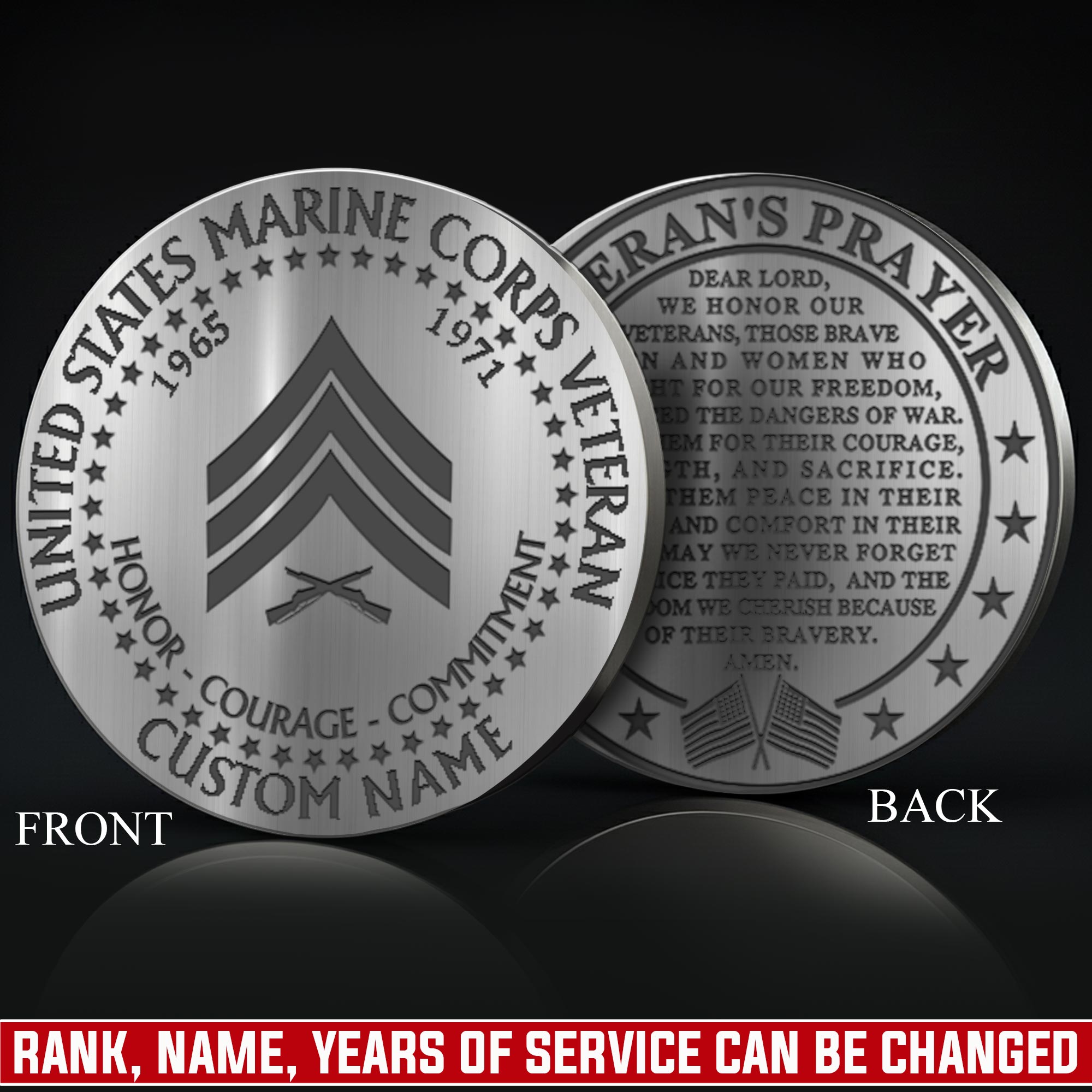 US Marine Corps, Honor, Duty, Service - Military Engraved Challenge Coin