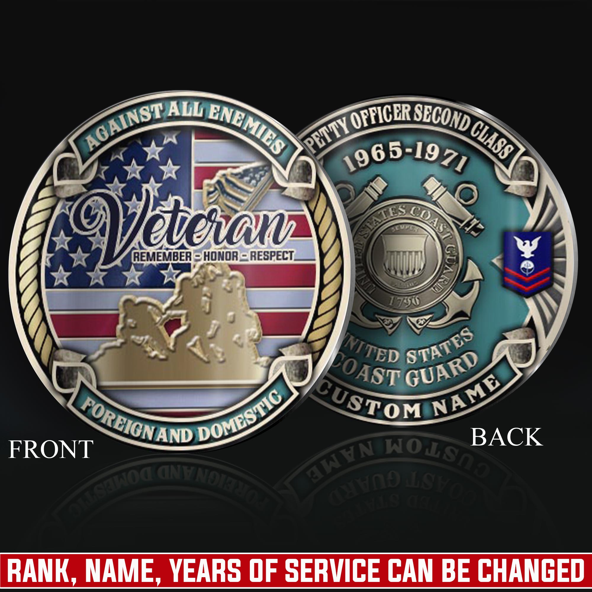 US Coast Guard, Honor, Duty, Service - Military Printed Challenge Coin