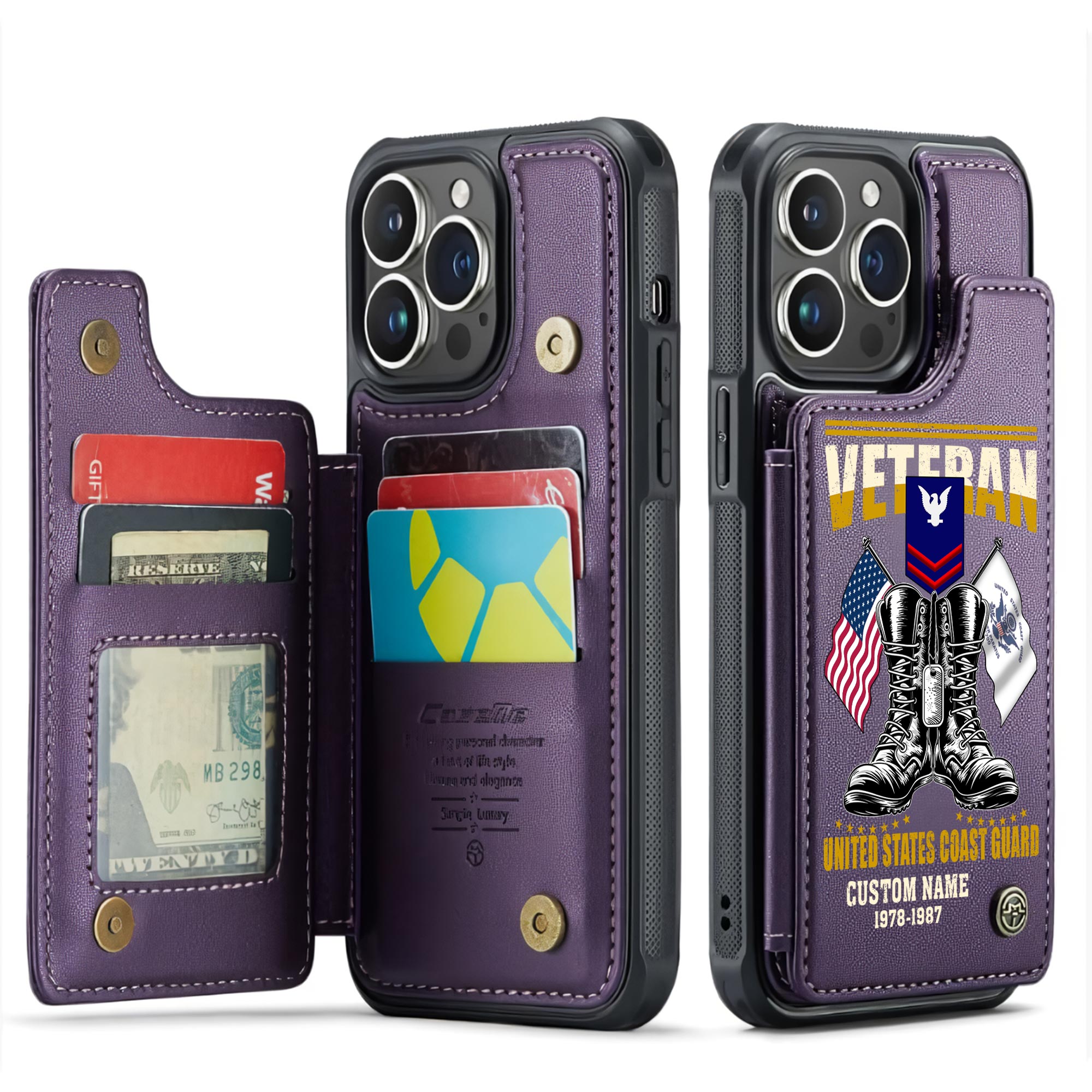 US Coast Guard, Proud Veteran - Leather Flip Phone Case - Image 6