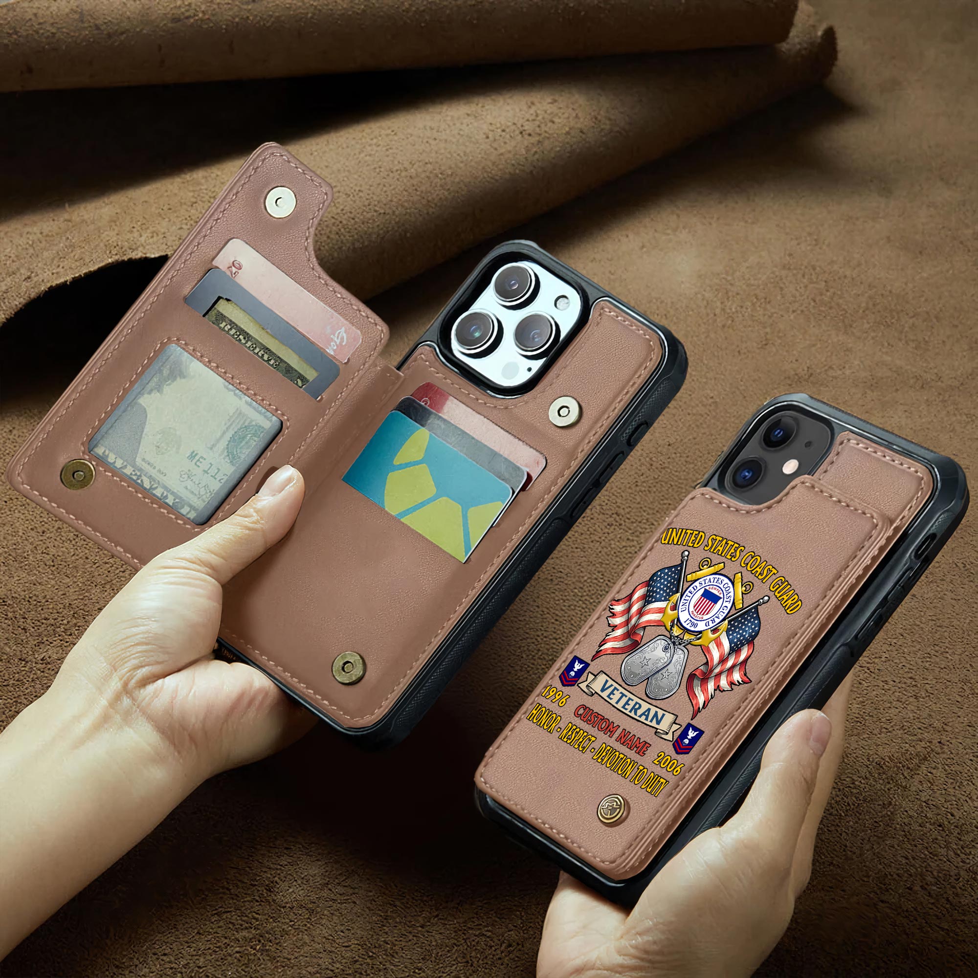 US Coast Guard, Land Of The Free, Because Of The Brave - Leather Flip Phone Case - Image 2