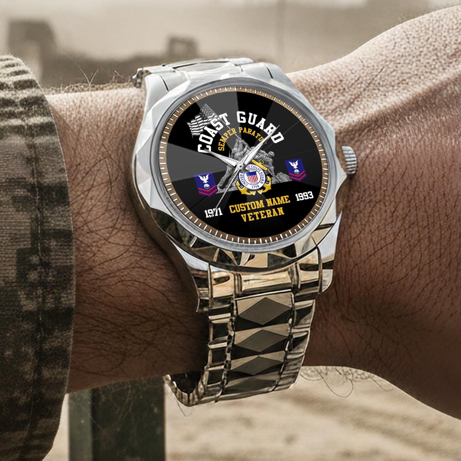 US Coast Guard, American By Birth, Veteran By Choice - Diamond-Cut Bezel Watch - Image 4