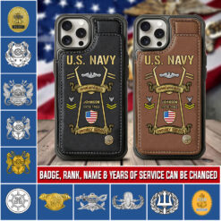 Navy Badge, Land Of The Free, Because Of The Brave - Leather Flip Phone Case