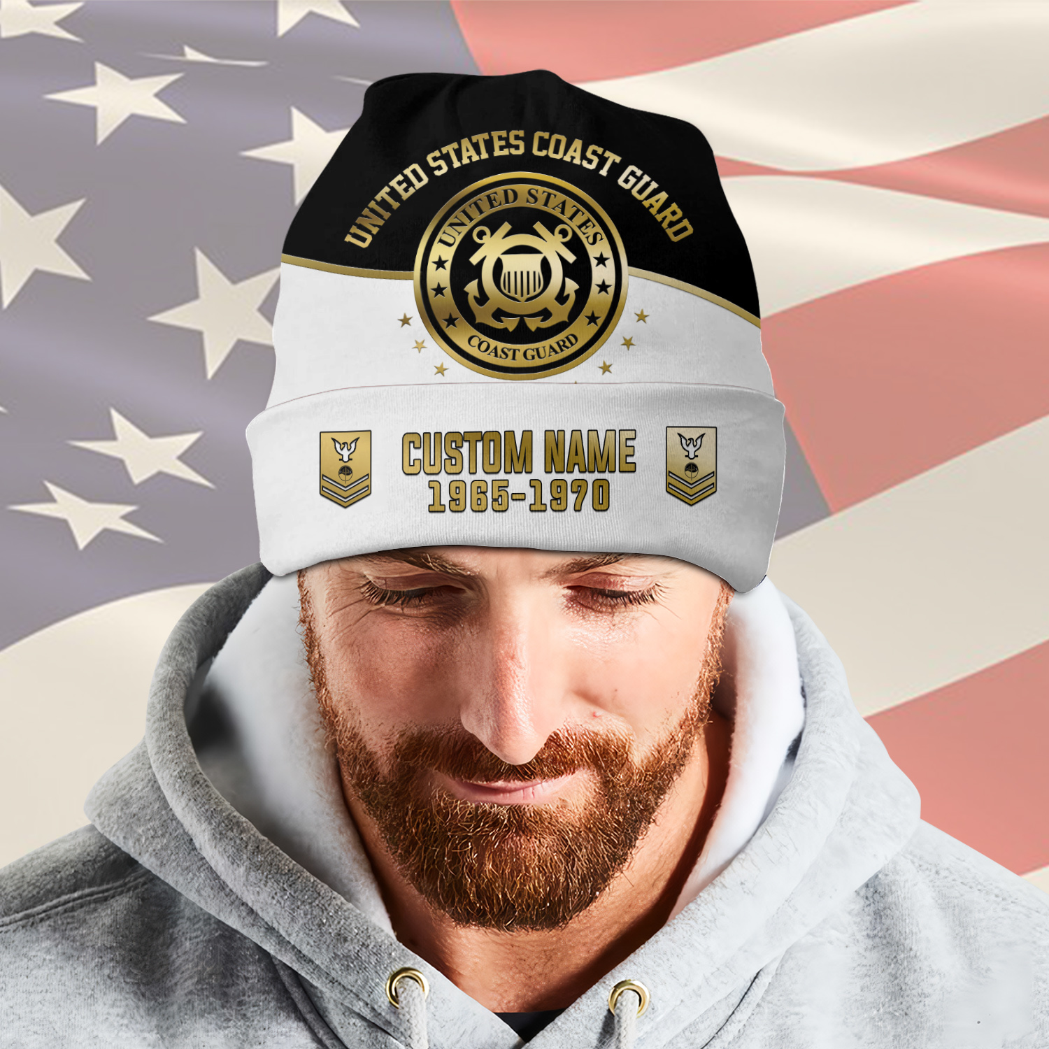 US Coast Guard, Proud Veteran - Full-Printed Beanie Hat - Image 2