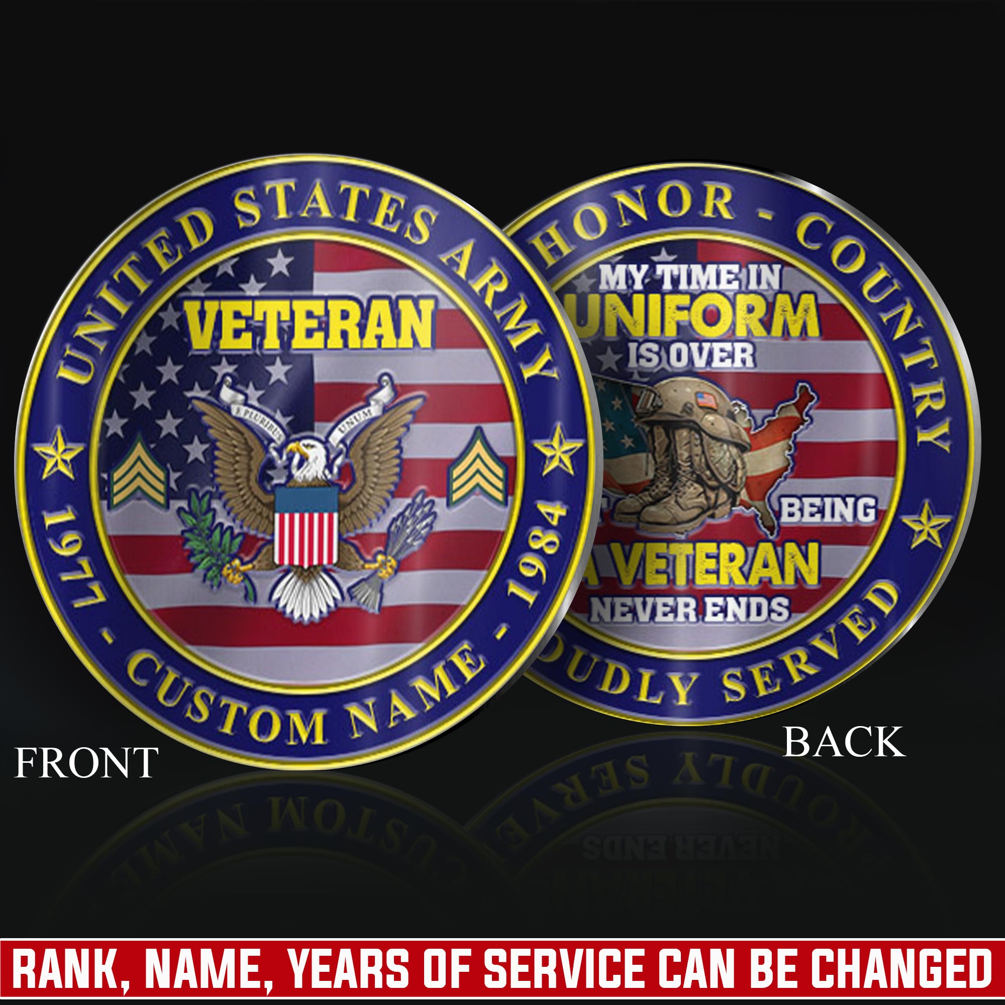 US Army, Honor, Duty, Service - Military Printed Challenge Coin